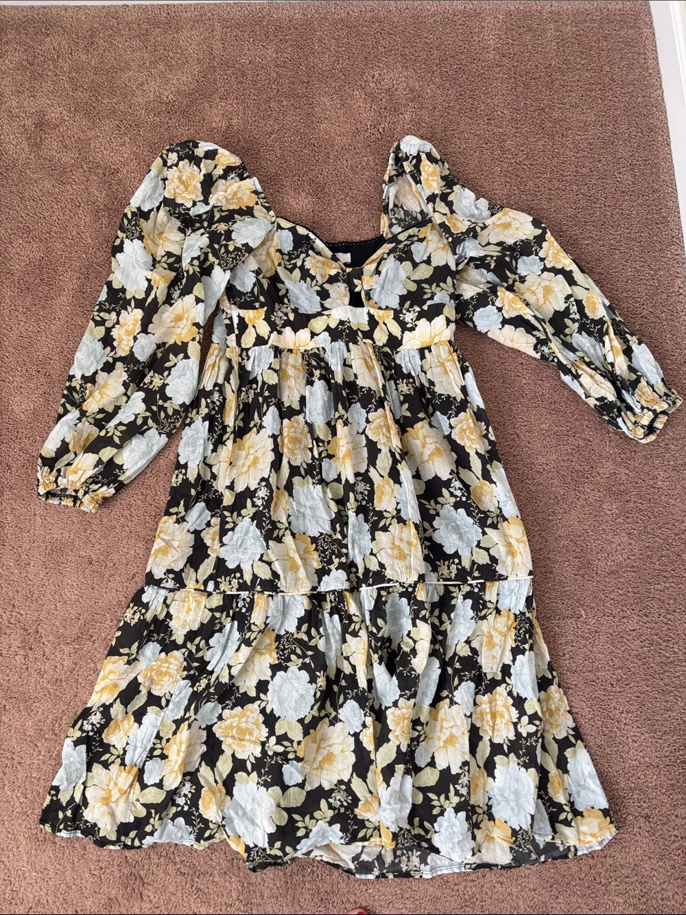 Floral Puff-Sleeve Black Midi Dress with Yellow & Cream Blooms